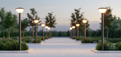 Obraz premium A serene pathway lined with street lamps in a well-kept park, ideal for evening strolls amidst nature.