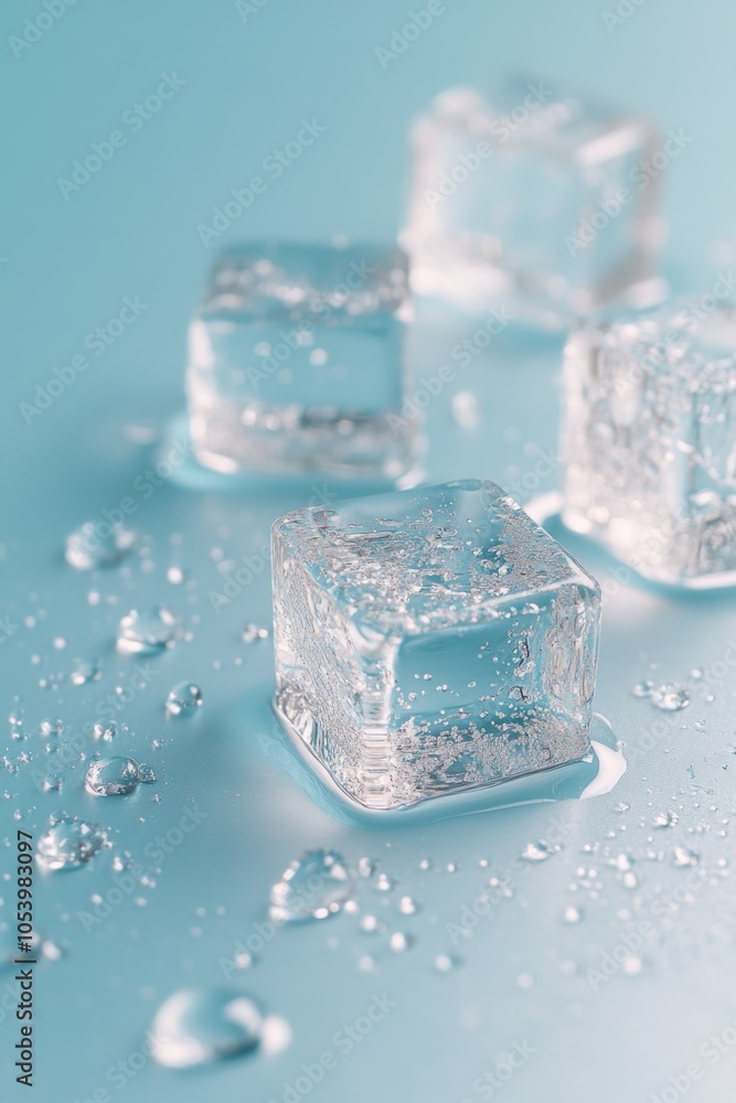 Poster close up of four ice cubes on a blue surface. the cubes are clear and shiny, and the water droplets 