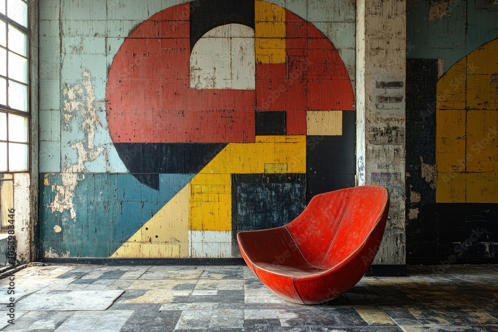 Poster an abstract journey through color and design featuring a retro chair in a weathered, artistic space 