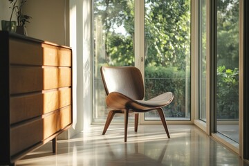 Fototapeta premium Stylish Wood Chair in Sunlit Modern Interior