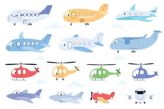 Airplanes and helicopters in cartoon style. Cute colorful air transport. Isolated flying transport, kids travel or airplane adventure. Vector illustration