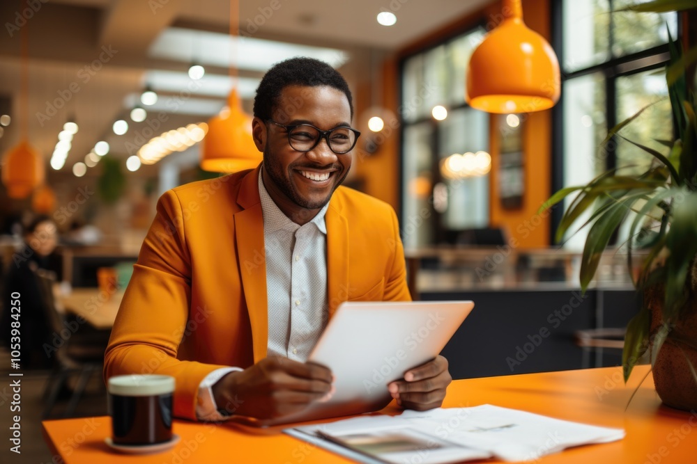 Poster man in a suit is smiling and holding a tablet in front of him. he is sitting at a table with a cup o