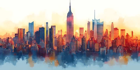 New York City skyline with reflection on watercolor background. Digital art painting.