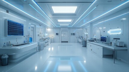 Obraz premium Sleek, futuristic laboratory with advanced technology and lighting.