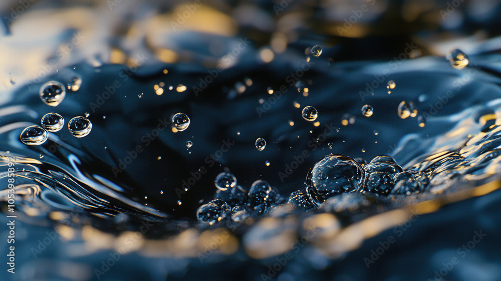 Poster a close-up of water droplets creating ripples and bubbles in a dark, reflective surface, showcasing 