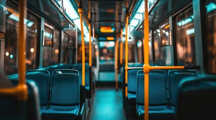 Fototapeta premium A modern public transportation bus interior with blue seats and yellow handrails, offering space for promotional text.