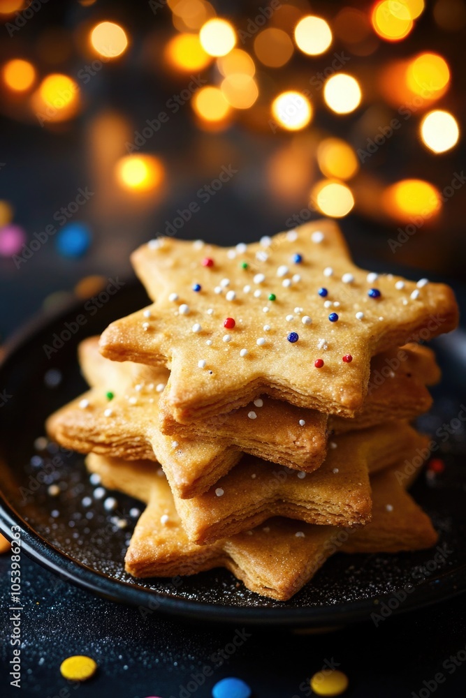 Poster stack of cookies with colorful sprinkles on top. the cookies are arranged in a pyramid shape on a bl