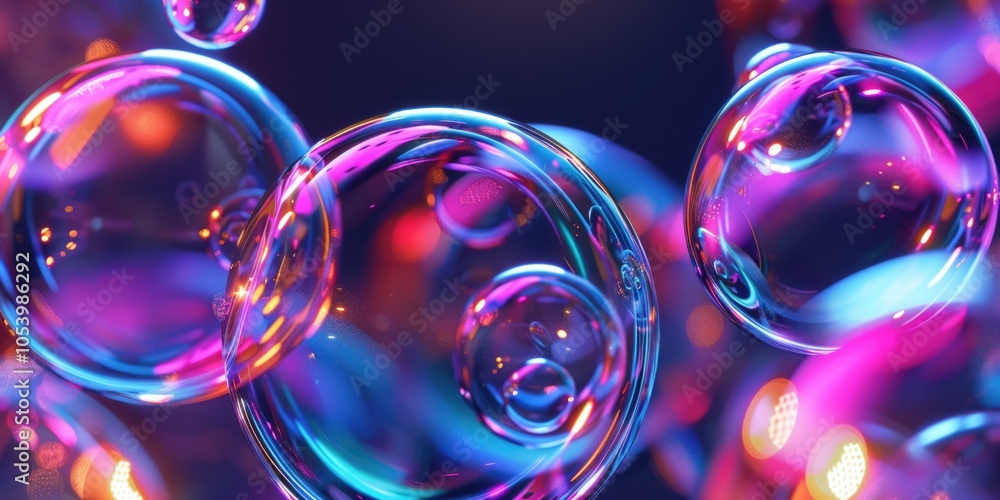 Poster colorful image of bubbles with a bright blue background. the bubbles are of different sizes and colo