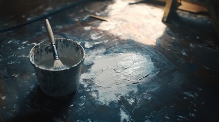 A painting project in progress, featuring a brush dipped in white paint beside a bucket, with soft lighting reflecting the fresh coat of paint