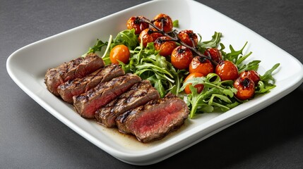 Fototapeta premium Grilled Steak with Cherry Tomatoes and Arugula Salad