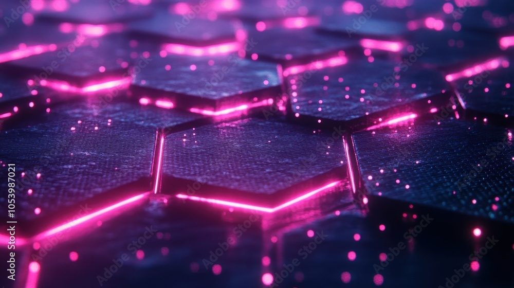 Poster hexagonal patterns illuminated by vibrant pink light create a mesmerizing sci-fi feel in a futuristi