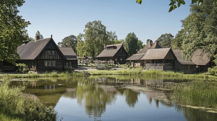 Obraz premium A picturesque view of the Open Air Museum Lehde showcasing traditional wooden houses, cultural artifacts, and handmade crafts, reflecting local daily life