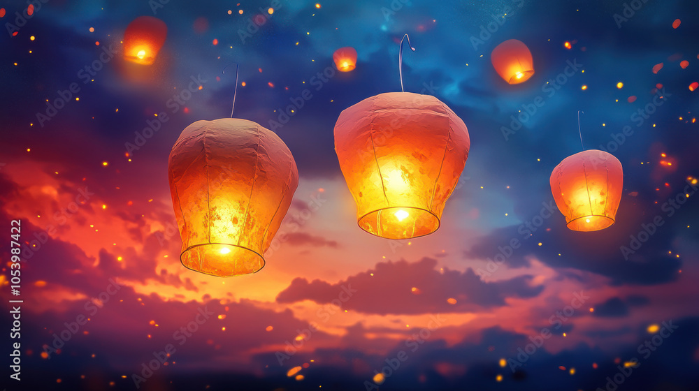 Poster floating lanterns illuminate the twilight sky, creating a magical atmosphere filled with hope and se