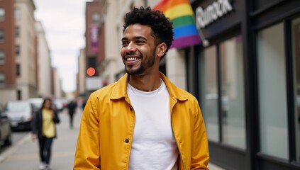 Fototapeta premium A gay pride portrait features an energetic Afro-trans man striding down a city street holding a rainbow flag as symbols of LGBTQ celebration and freedom