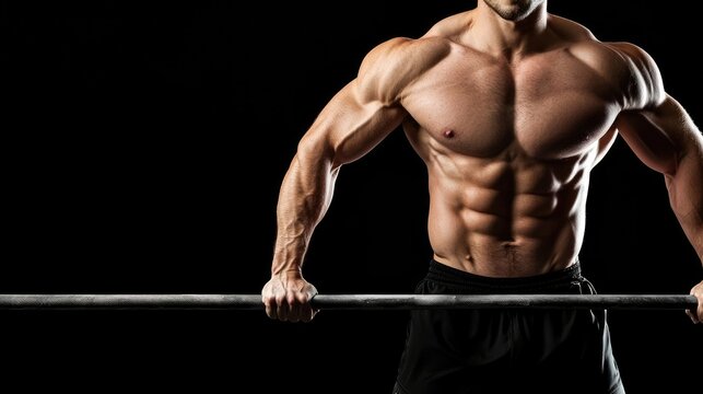 Muscular Man Performing Tricep Dips on Parallel Bars