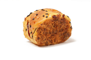 Soft savory bread topped with sesame seeds and coated with shredded beef floss on both sides. Photographed against a white background, offering a deliciously textured look.
