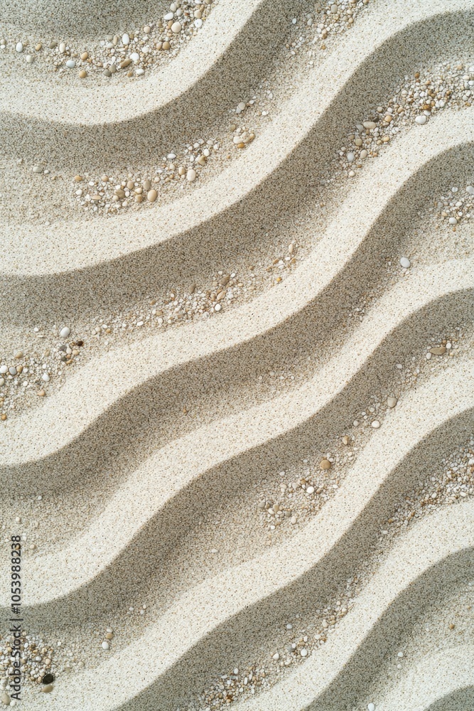 Poster rippling patterns of golden sand create a mesmerizing texture on a sunlit beach in the early morning