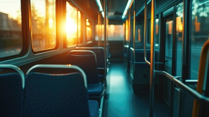 Fototapeta premium A public transport bus with blue seats, sunlight filtering through windows, and a quiet, empty atmosphere. Ideal for transport visuals.