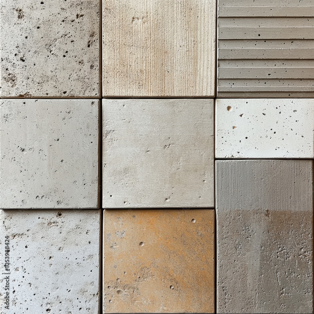 Poster exploring the textures and patterns of modern concrete tiles displayed in a creative arrangement