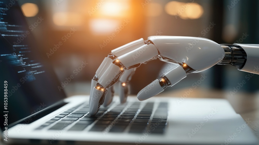 Poster a robotic hand engaged with a laptop keyboard, emphasizing automation and the role of ai in modern d