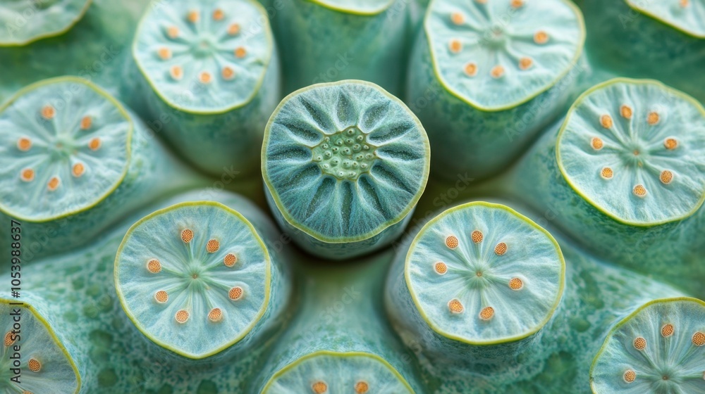 Poster intricate patterns of a lotus seed pod showcasing delicate textures and colors under soft natural li