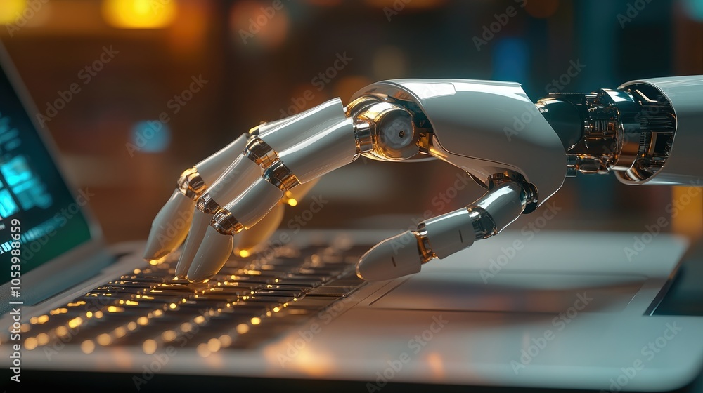 Poster a robotic hand engaged with a laptop keyboard, emphasizing automation and the role of ai in modern d