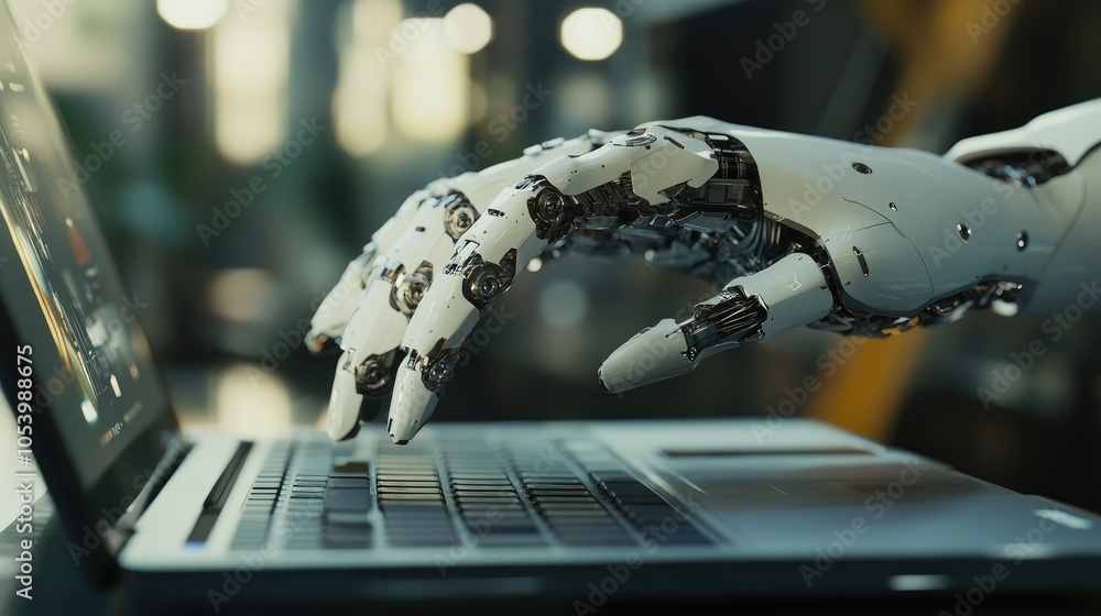 Poster a robotic hand engaged with a laptop keyboard, emphasizing automation and the role of ai in modern d