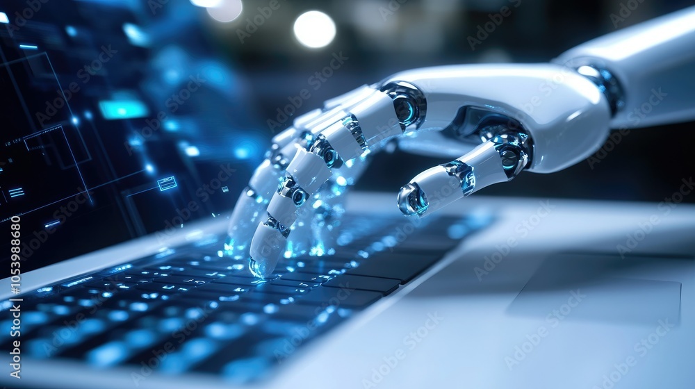Poster a robotic hand engaged with a laptop keyboard, emphasizing automation and the role of ai in modern d