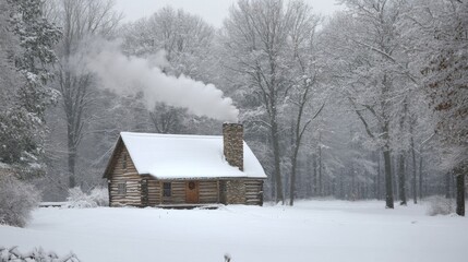 Cozy Cabin in Snow-Covered Woods with Wood Smoke