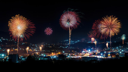 Obraz premium A vibrant fireworks display illuminates the night sky over a city, creating a festive and colorful atmosphere.