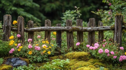 Naklejka premium A rustic wooden fence in a green meadow, surrounded by wildflowers and gently swaying grass, evoking a peaceful, countryside scene