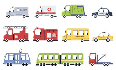 Cute city transport. Illustration in child style of cars for different professions. Equipment for the police, ambulance, firefighters, public transportation. Vector illustration