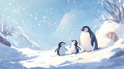Obraz premium Parent penguins with a baby chick, surrounded by snow, embodying family bonds in winter.