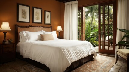 Obraz premium A serene luxury bedroom with a king bed, white linens, and French doors leading to a terrace with a lush garden view.