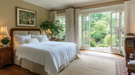 Fototapeta premium A serene luxury bedroom with a king bed, white linens, and French doors leading to a terrace with a lush garden view.