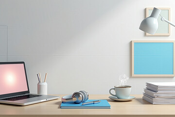 Minimalist Workspace with Laptop, Headphones, Notebooks, Coffee, and Lamp in Soft Pastel Colors – Modern Office Aesthetic for Productivity and Creativity