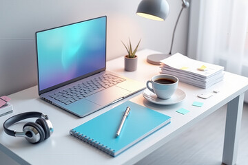 Minimalist Workspace with Laptop, Headphones, Notebooks, Coffee, and Lamp in Soft Pastel Colors – Modern Office Aesthetic for Productivity and Creativity