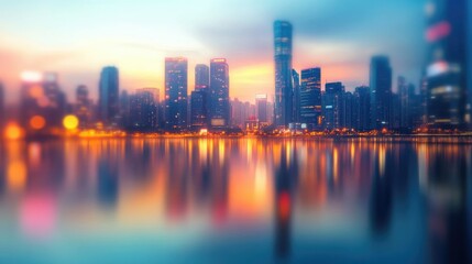 Obraz premium A serene sunset view of blurred city skyscrapers reflected in water, capturing the essence of tranquility and modern urban life.