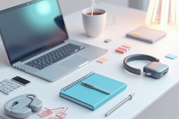 Minimalist Workspace with Laptop, Headphones, Notebooks, Coffee, and Lamp in Soft Pastel Colors – Modern Office Aesthetic for Productivity and Creativity