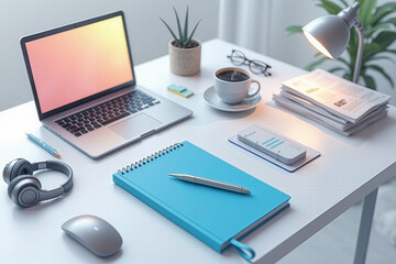 Minimalist Workspace with Laptop, Headphones, Notebooks, Coffee, and Lamp in Soft Pastel Colors – Modern Office Aesthetic for Productivity and Creativity