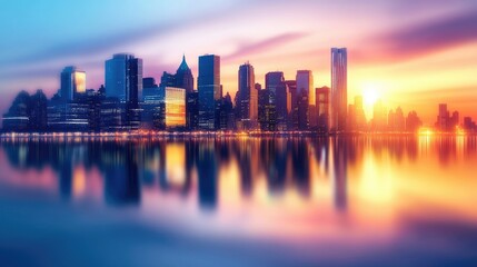 Fototapeta premium A serene sunset view of blurred city skyscrapers reflected in water, capturing the essence of tranquility and modern urban life.