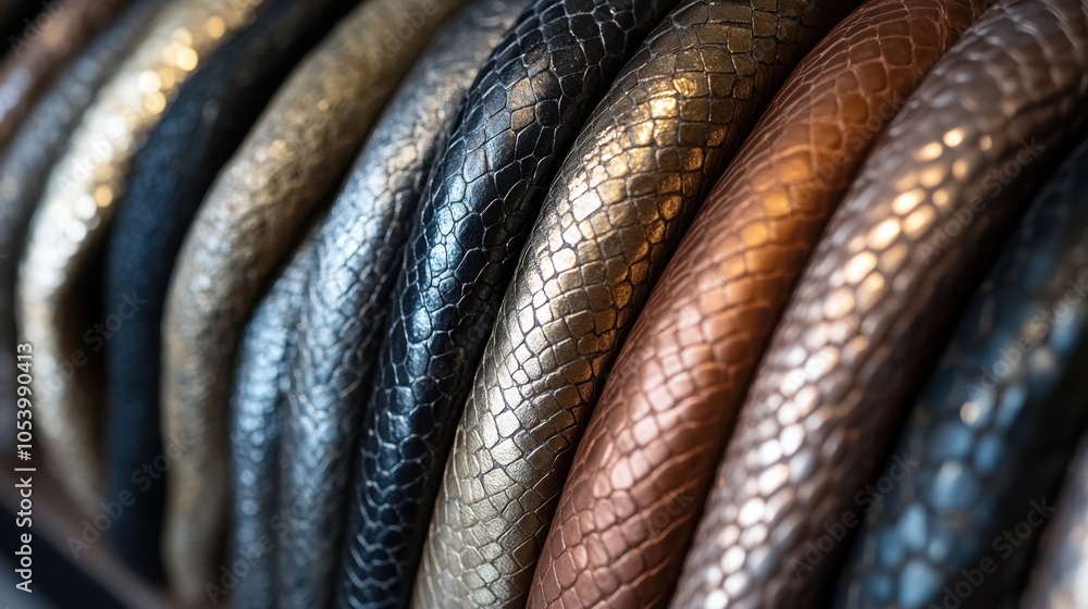 Poster elegant display of colorful leather belts featuring intricate textures and patterns at a bustling ar