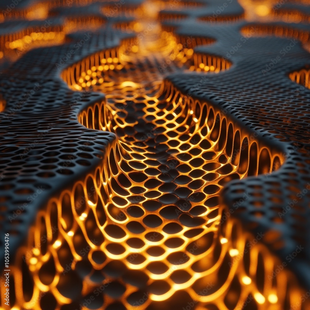 Poster intricate patterns of glowing honeycomb texture create a mesmerizing visual experience in a darkened