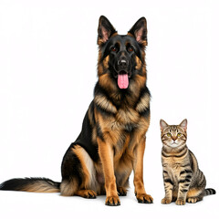 german shepherd dog and tabby cat sitting together on white background