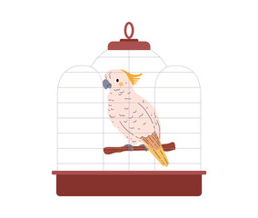 Vector illustration of a cockatoo parrot sitting in a cage, isolated on a white background. © Kudryavtsev