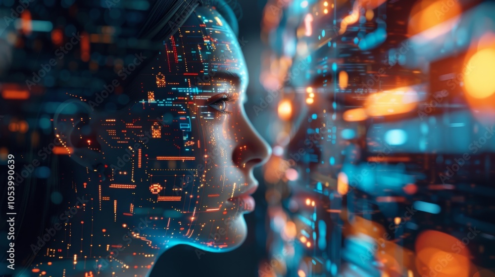 Poster profile of a woman with digital data projected on her face, interacting with a complex futuristic in