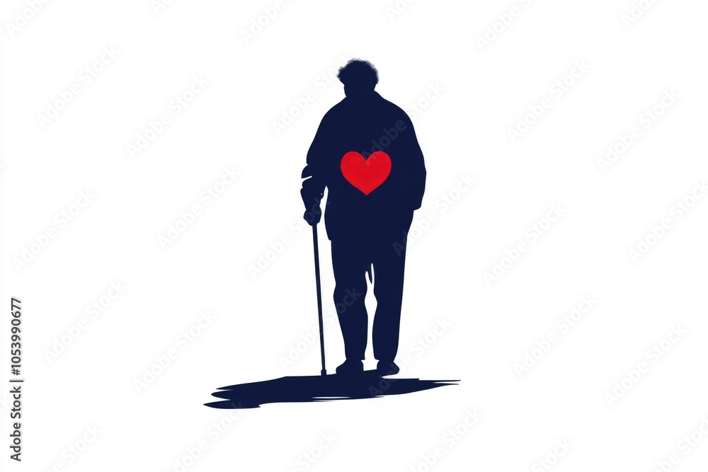Poster man with a cane is walking with a heart on his back. the heart is red and is located on the man's ba