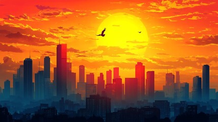 Fototapeta premium Vibrant city skyline at sunset with silhouettes of buildings.