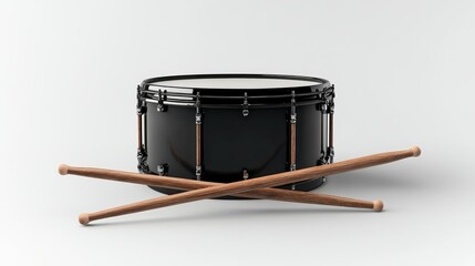 A sleek black drum paired with wooden drumsticks, isolated on a white background, digitally rendered with realistic textures in 3D