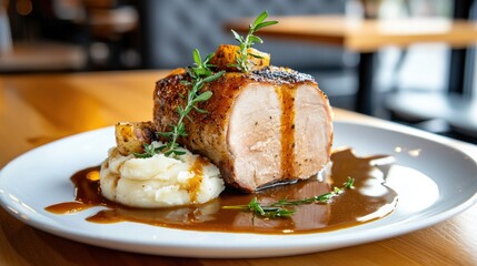 Herb-Crusted Pork Loin with Mashed Potatoes and Gravy